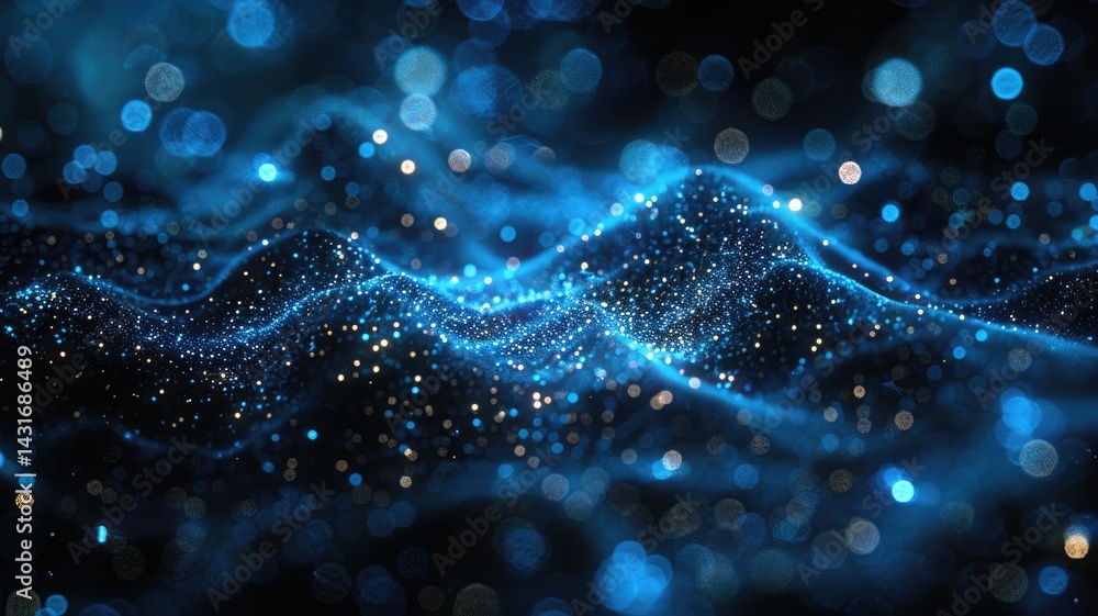 Poster abstract artwork of blue digital network with glowing particles. digital artwork of glowing blue dot