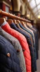 A collection of woolen jackets in various colors and styles hang gracefully on wooden hangers, illuminated by natural light