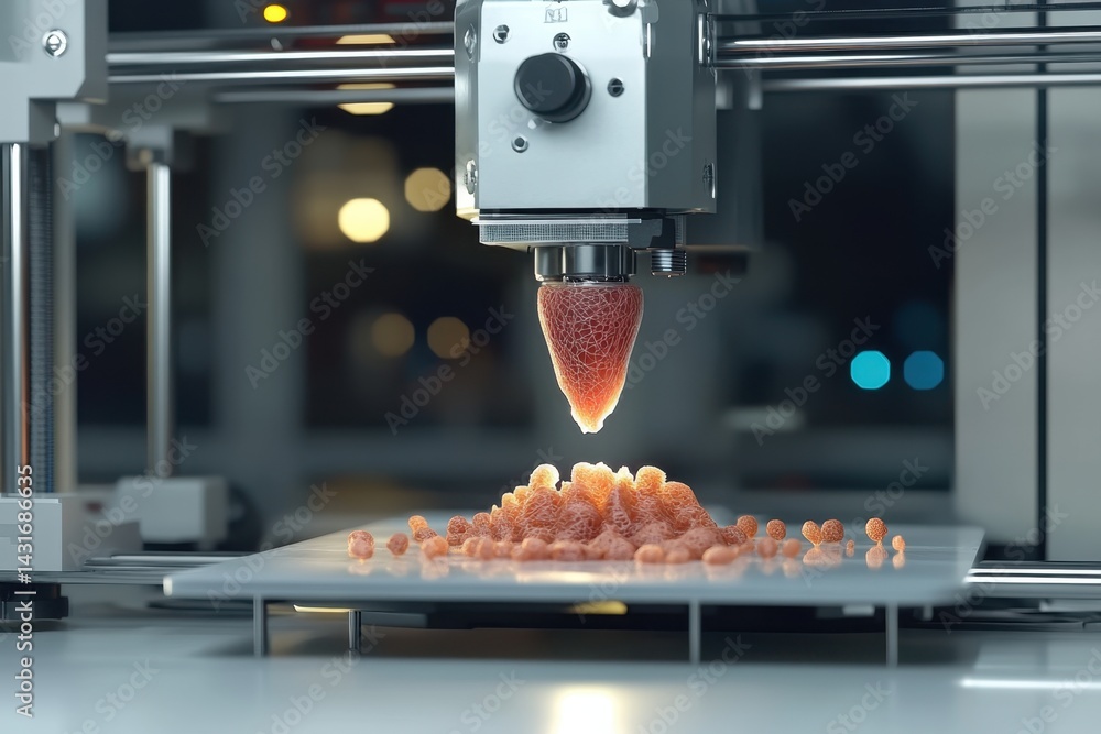 Poster 3d printing device creating a food item in a modern workshop during evening hours