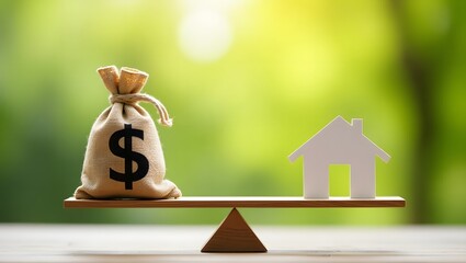 A money bag and a house on a balance scale with a green background showing financial decisions