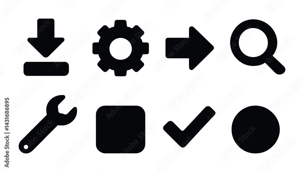 Poster essential user interface solid icons set – flat style ui, web design, and app development symbols fo