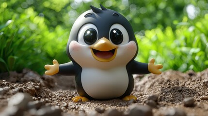 Cute penguin in a grassy patch of dirt