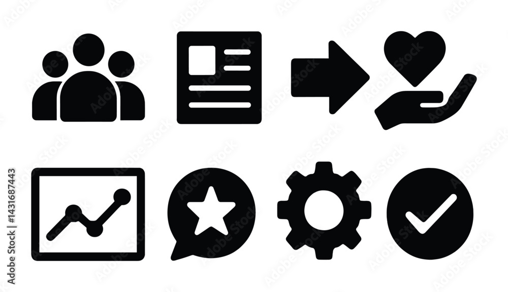 Poster business workflow icons set – solid style project management, productivity, and efficiency symbols: 