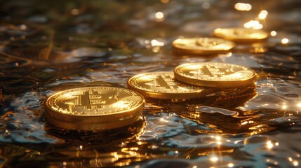 Liquid gold coins swim in water, a sparkling treasure beneath the surface