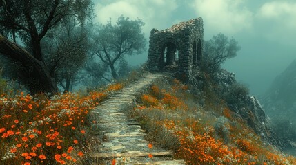 Stone Ruin Amidst Vibrant Orange Flowers in Mystical Landscape