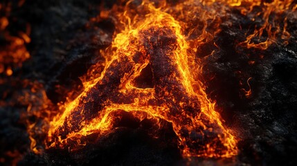 Fiery letter A in volcanic rock, inferno background, graphic design