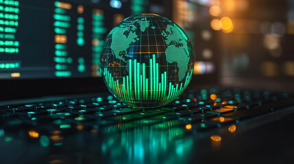 Green countries on a transparent glass globe rest over a blurred laptop keyboard displaying financial graphs, symbolizing global business, sustainable investment, and eco-conscious finance.

