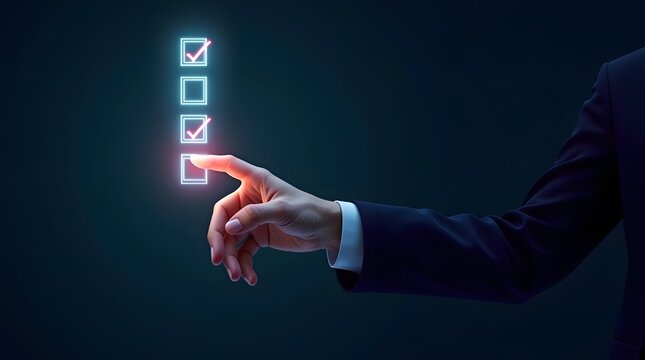 A hand selecting a glowing checklist item on a dark background with a suit sleeve visible too