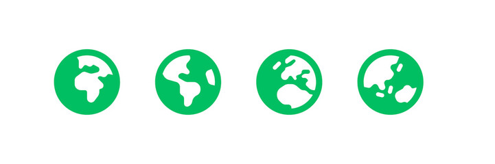 Green set of earth Asia, America, Europe and Africa icons