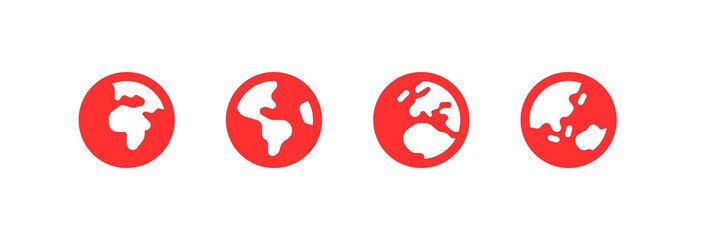 Red set of earth Asia, America, Europe and Africa icons