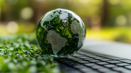 Green countries on a transparent glass globe rest over a blurred laptop keyboard displaying financial graphs, symbolizing global business, sustainable investment, and eco-conscious finance.

