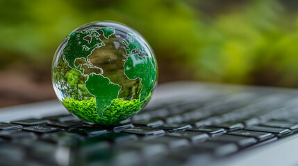 Green countries on a transparent glass globe rest over a blurred laptop keyboard displaying financial graphs, symbolizing global business, sustainable investment, and eco-conscious finance.

