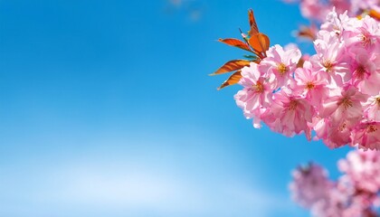 closeup of a branch of pink flowering cherry tree isolated on sunny blue blurred sky background banner with copy space for beautiful floral spring backgrounds