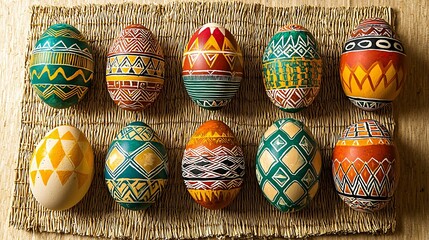 of painted ostrich eggs in traditional African tribal designs arranged on a straw mat with vibrant colors and geometric patterns, cultural representation, daylight shot with space for text painted 