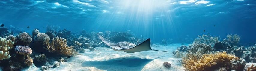 Sunlit underwater scene of a stingray and coral reef.