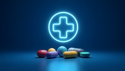 Obraz premium A glowing medical cross symbol above assorted pills on a blue background for health and wellness theme