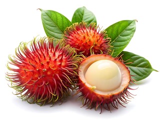 Rambutan Fruit: Close-up view of fresh, ripe rambutans with vibrant red skin and their sweet, translucent white flesh revealed. Surrounded by lush green leaves. 