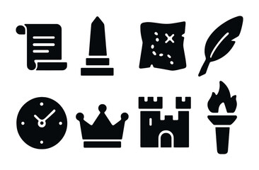 Ancient history solid icons set – filled style for archaeology, culture, and education: scroll, obelisk, treasure map, quill, clock, crown, castle, torch.