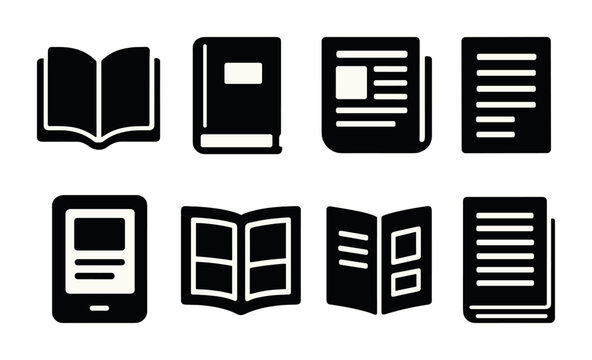 Reading and literature solid icons set – silhouette style book, ebook, and publication symbols for library and study: open book, hardcover, newspaper, ebook, magazine, brochure, folio.