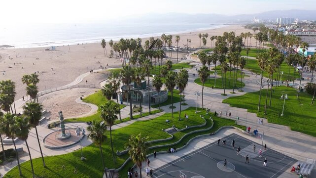 Aerial View of Venice Beach Basketball Courts and Skatepark, Los Angeles, California