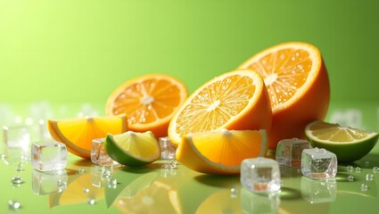 Still life of sliced oranges and limes with ice cubes on a reflective green surface backdrop