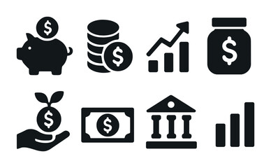 Finance and banking solid icon set – filled style economy, investment, and savings symbols: piggy bank, coins, growth chart, savings jar, money plant, cash, bank, graph.