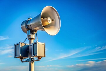 Loud Emergency Siren on Pole Against Clear Blue Sky - Public Safety Warning System