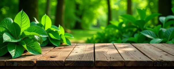 Rustic wooden table surrounded by lush green plants in a natural garden, plants, rustic, greenery