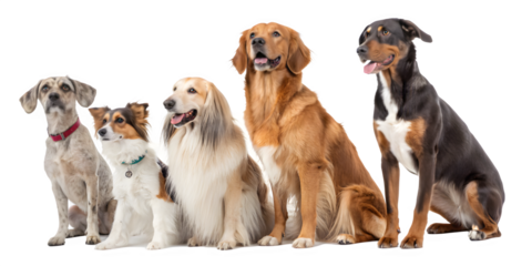 Five Different Dog Breeds Sitting Together - Variety of Sizes and Coats