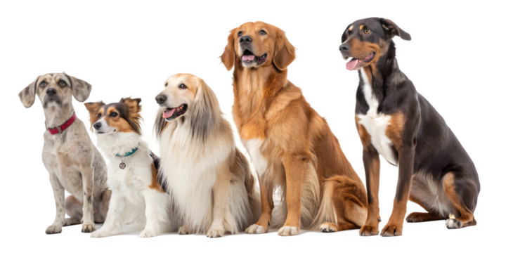 Five Different Dog Breeds Sitting Together - Variety of Sizes and Coats