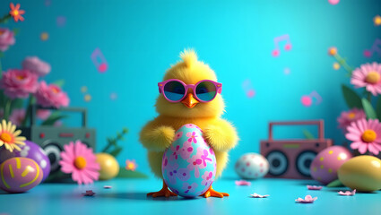 Happy easter concept holiday greeting card - A cartoon chicken wearing sunglasses and holding an egg