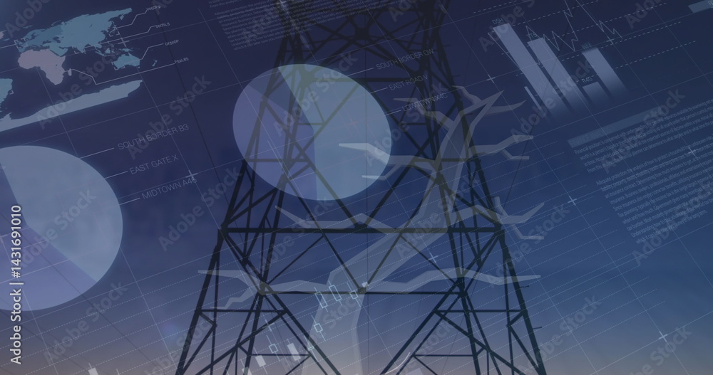 Poster statistical data processing over tree icon and mobile network tower against sunset sky