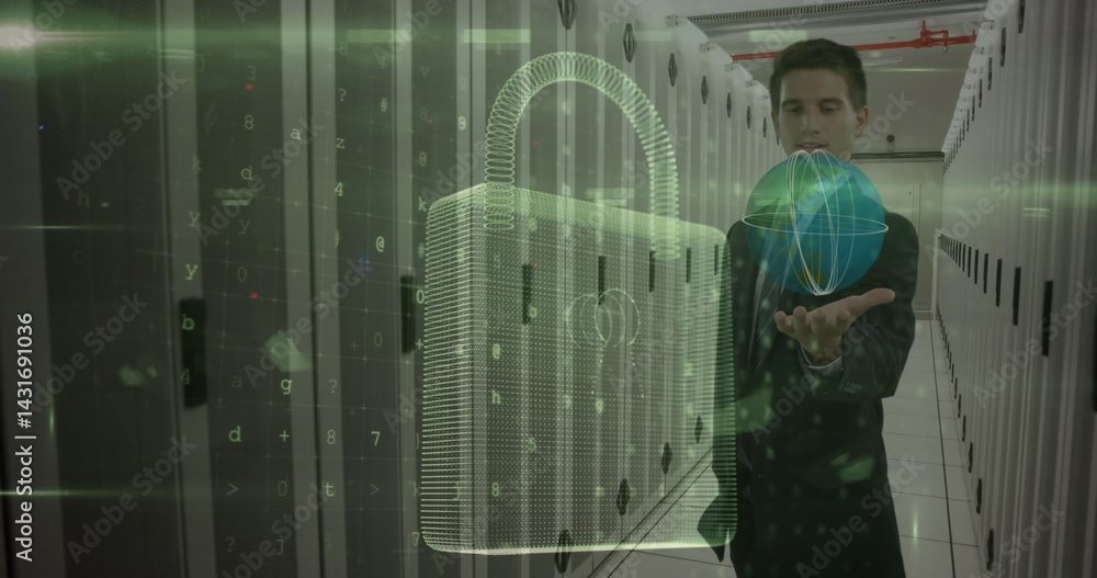 Aufkleber image of digital padlock and caucasian man showing open hand in front of servers