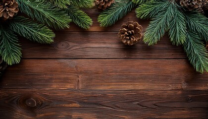 rustic wooden background adorned with green pine branches and pinecones perfect for festive and seasonal designs evoking a natural and cozy atmosphere