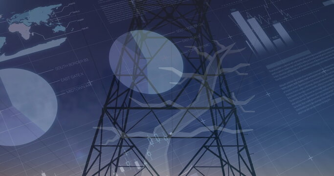Statistical data processing over tree icon and mobile network tower against sunset sky