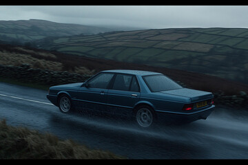 Fototapeta premium Driving through heavy rain on countryside roads with scenic hills in the background