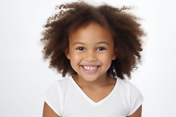 Smiling African American Girl &ndash; Cute Black Child Portrait Isolated on white Background &ndash; Happy Kid Expression &ndash; Diverse Childhood Concept &ndash; High Quality PNG for Design and Marketing Use.