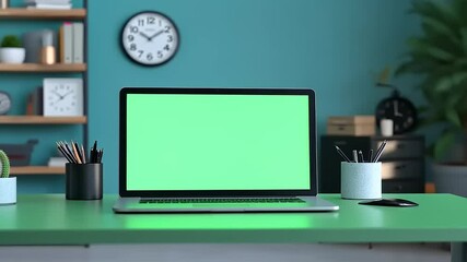 Green Screen Laptop Display on Modern Green Desk and Turquoise Room Backdrop - Powered by Adobe