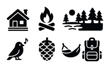 Obraz premium Camping and outdoors solid icon set – silhouette nature, adventure, and recreational symbols for trip planning: cabin, campfire, forest, bird, pinecone, hammock, backpack.