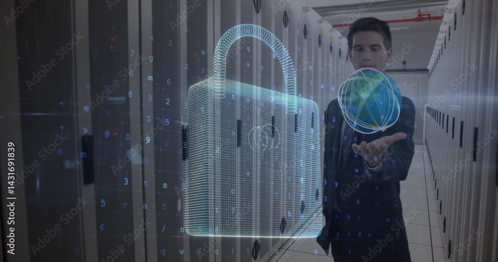 Poster image of digital padlock and caucasian man showing open hand in front of servers
