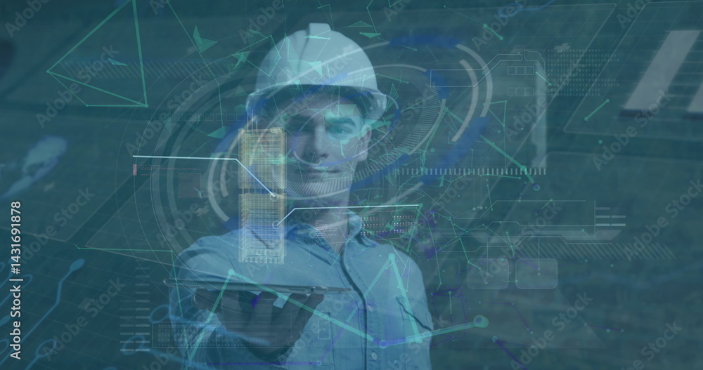 Poster image of network of connections and data processing over caucasian businessman in hard hat