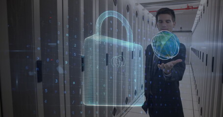 Image of digital padlock and caucasian man showing open hand in front of servers