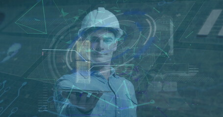 Image of network of connections and data processing over caucasian businessman in hard hat