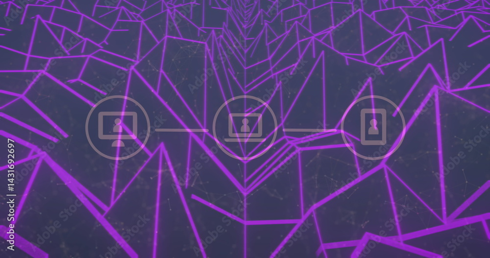 Poster image of network of connections with icons over shapes on black background