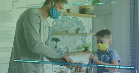 Image of data processing and virus cells over caucasian father with son disinfecting hands