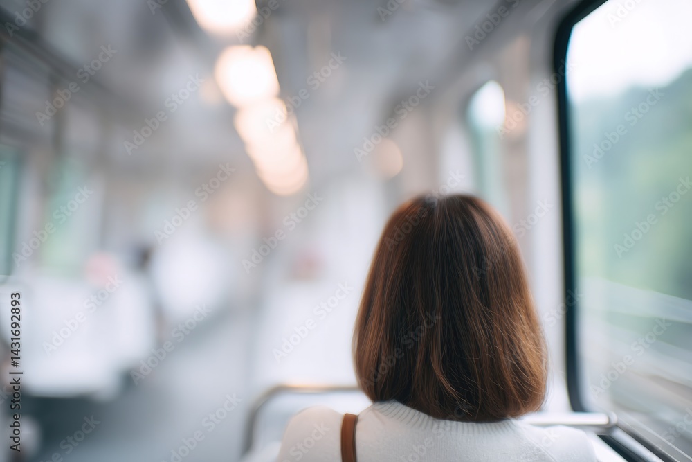Poster person rides public transport background out of focus creating serene scene minimalistic with ample 