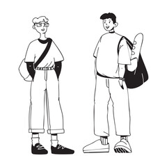 Friends stand and communicate with each other. Black and white minimalist vector illustration.