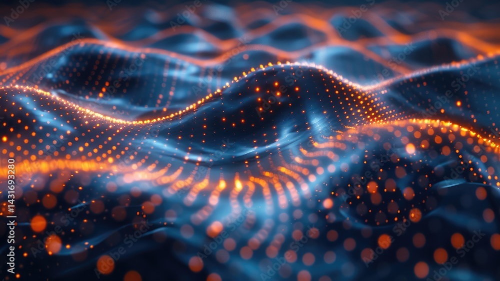 Poster abstract glowing wireframe waves on a dark background. digital art for design of global connection w