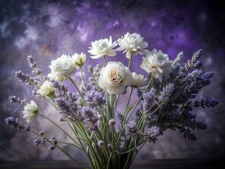 This is a beautifully composed floral arrangement featuring white roses and lavender flowers in a glass vase. The background is a dreamy mix of purples and blues, creating a soft and artistic atmosphe