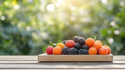 Naklejka premium A variety of fresh fruits, including blackberries and apricots, on a wooden board, set against a blurred green background